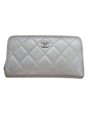 Chanel Wallet Compact Caviar Leather Quilted Silver CC Logo